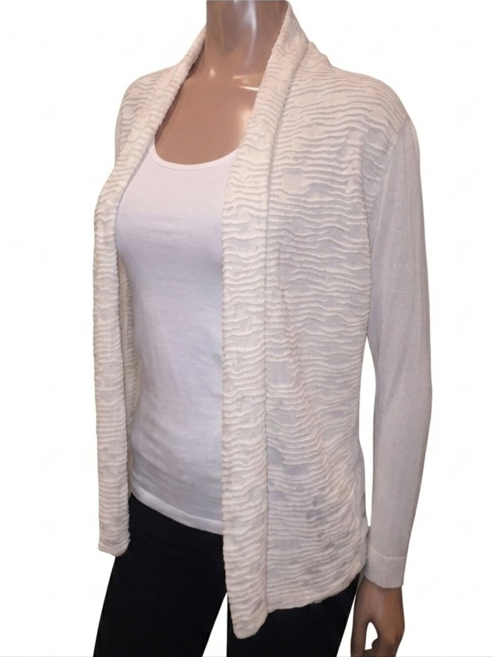 Lafayette 148 Silk Cardigan Womens Petite Small Cream Open Texture Long Sleeve